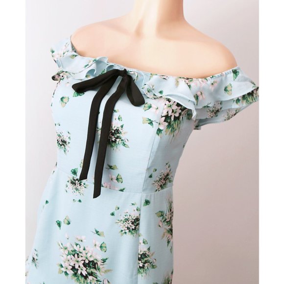 Light Blue Floral Ruffle Off Shoulder Bow Dress - Picture 2 of 9